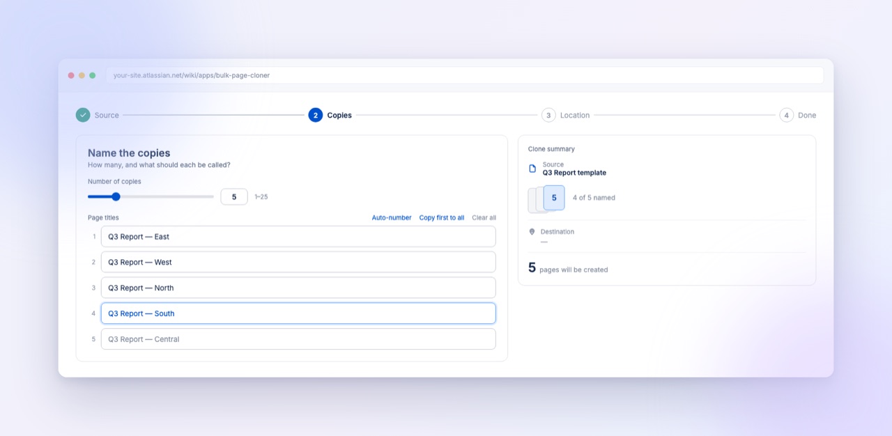Step 2 — Copies: name the copies with a live clone summary