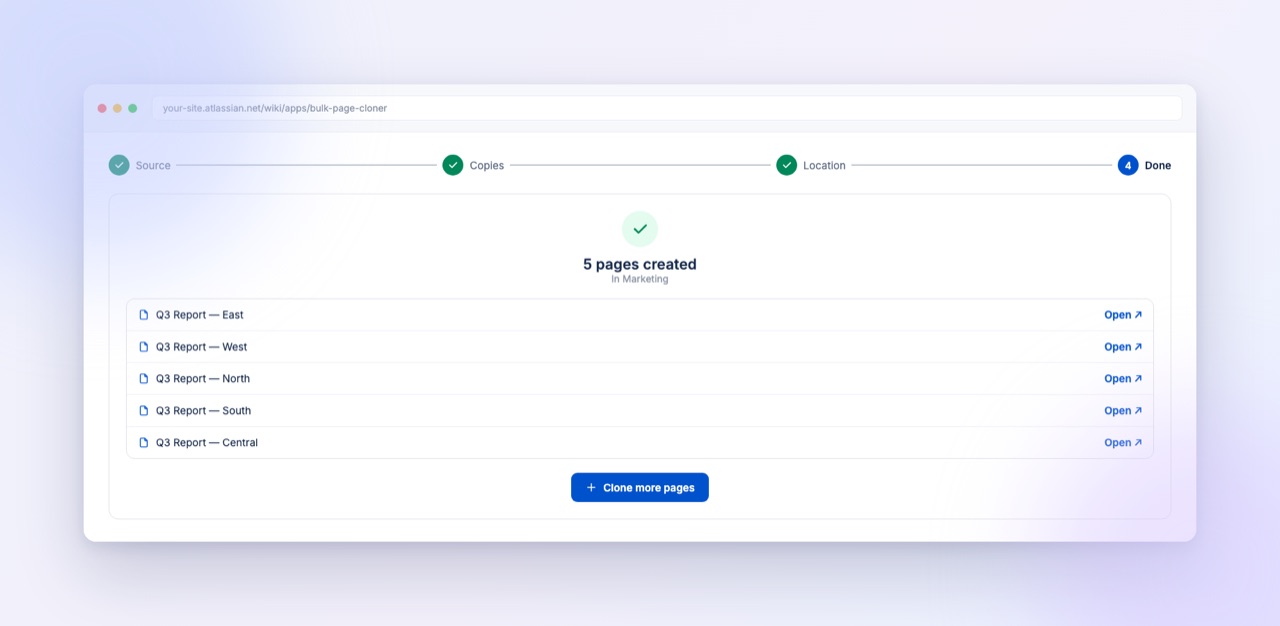 Step 4 — Done: every created page with a direct link