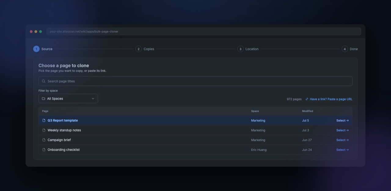 Bulk Page Cloner in dark mode