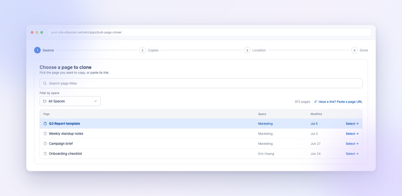 Step 1 — Source: choose a page to clone