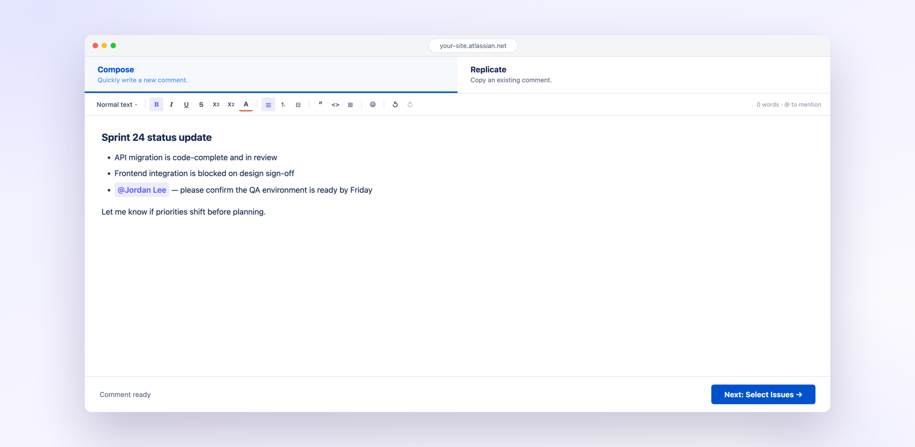 Bulk Comments for Jira — compose mode, global page