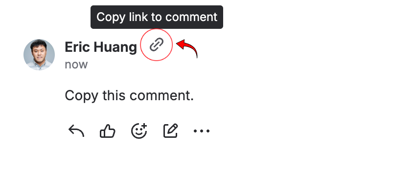 Copying a comment link from a Jira issue — hover the comment and click the link icon next to the author's name