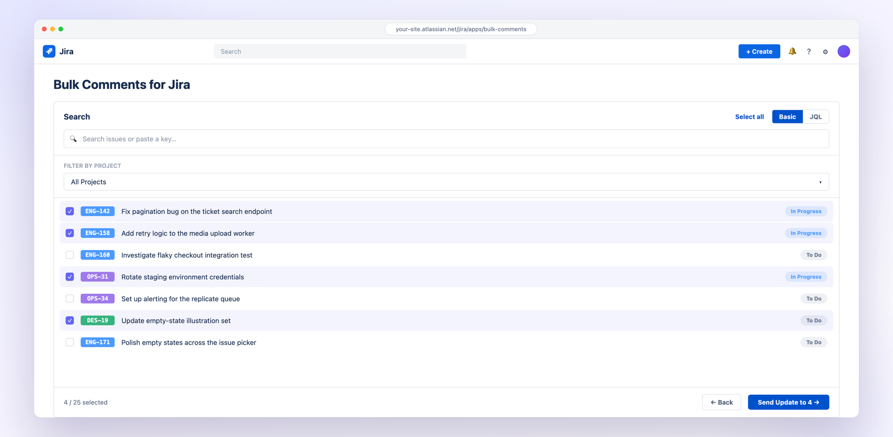 Bulk Comments for Jira — select tickets