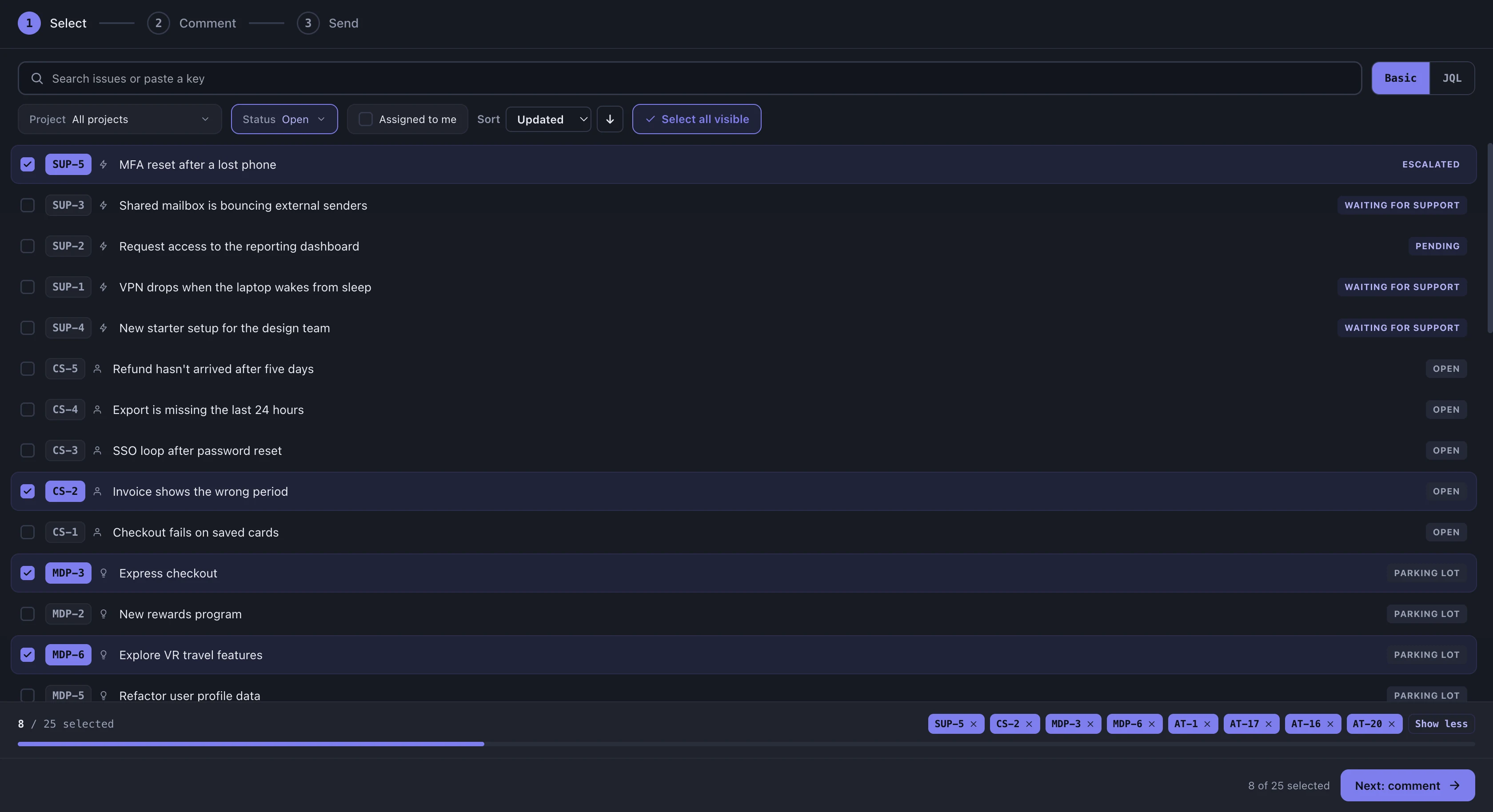 The Select step rendered inside a dark Jira &mdash; the same list, filters and selection tray, here with eight of twenty-five issues picked.