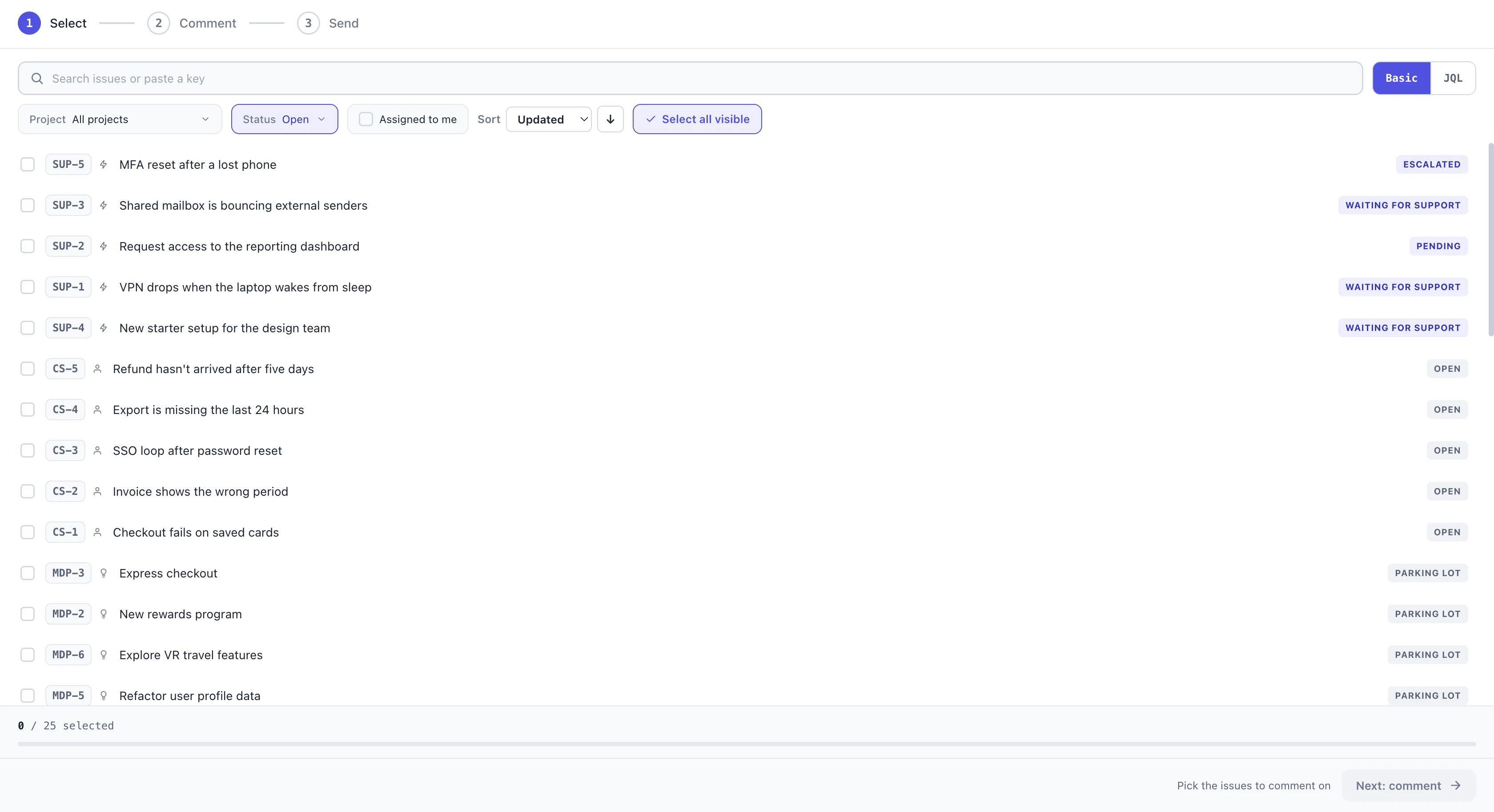 The Select step: the issue list with each row showing its key, type mark and status, the search, project, status and sort controls above it, and the 0 of 25 counter along the bottom before anything is picked.