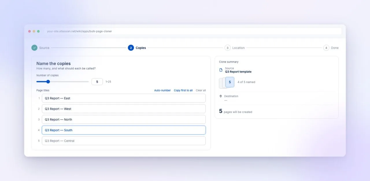 Bulk Page Cloner's Copies step: a slider set to five, each page titled before anything is created, and a running summary showing five pages will be created