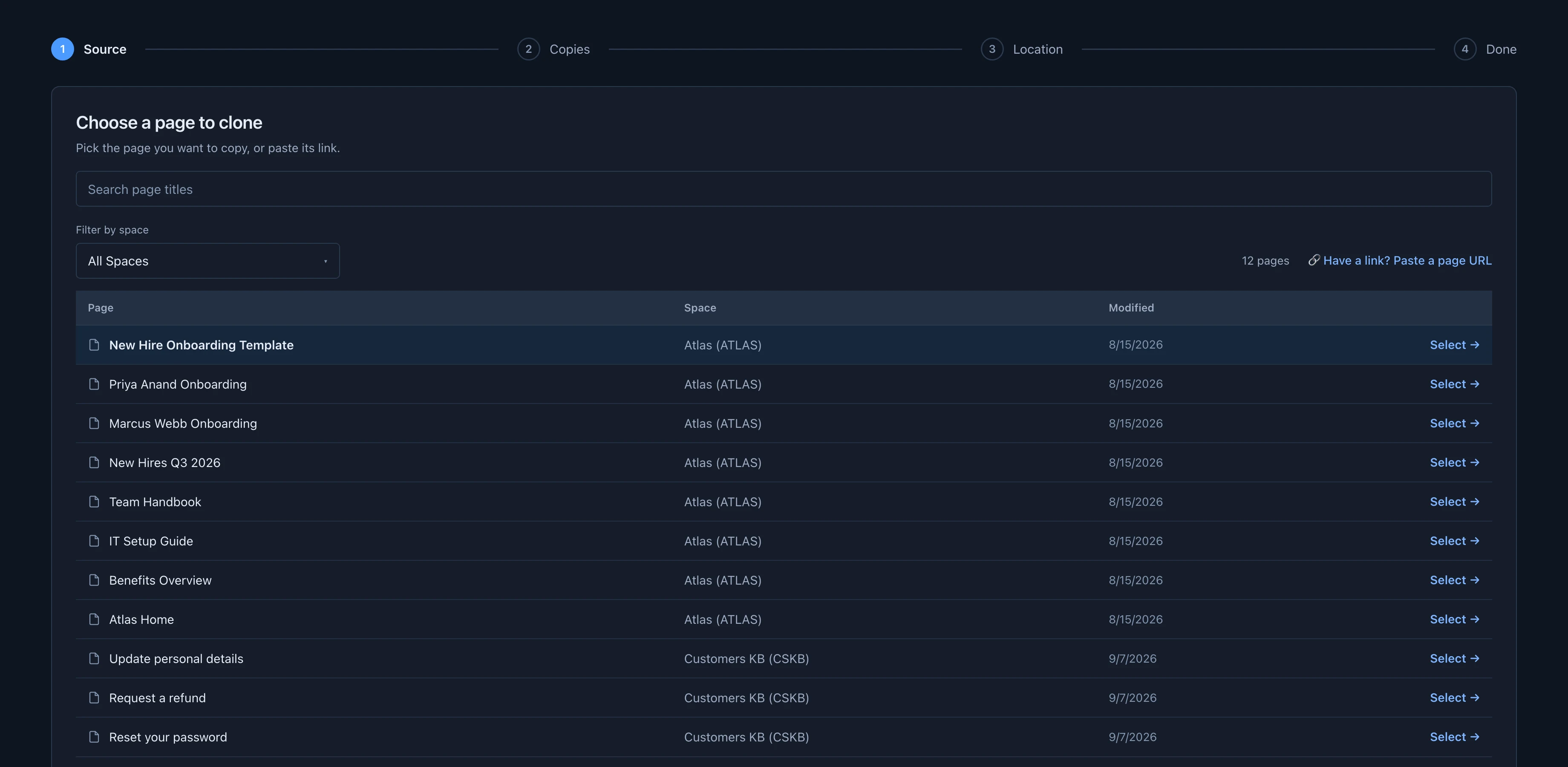 Bulk Page Cloner in dark mode