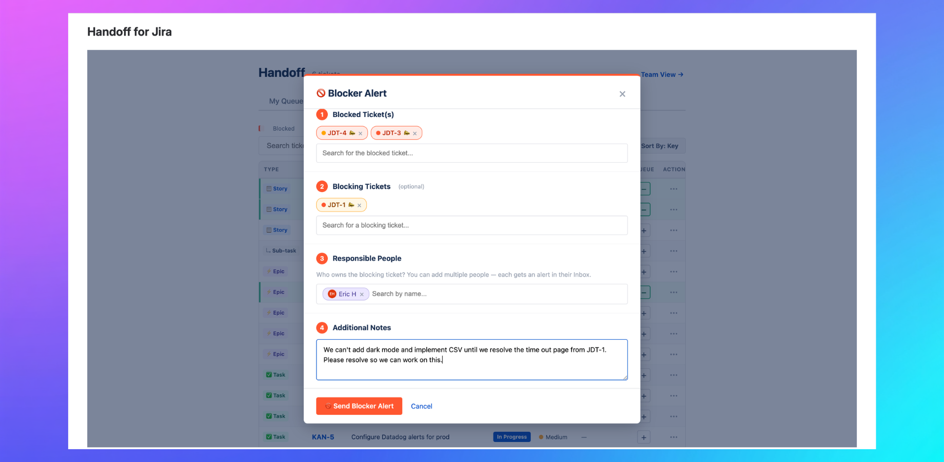 Blocker Alert — flag blocked tickets and notify responsible teammates