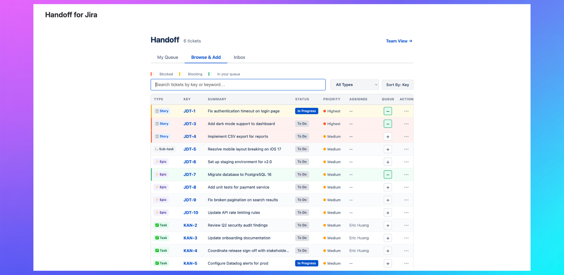 Browse & Add — search and add tickets from across all your Jira projects