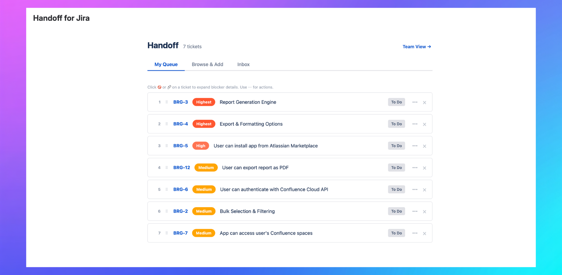 My Queue — personal prioritized ticket queue in Handoff for Jira