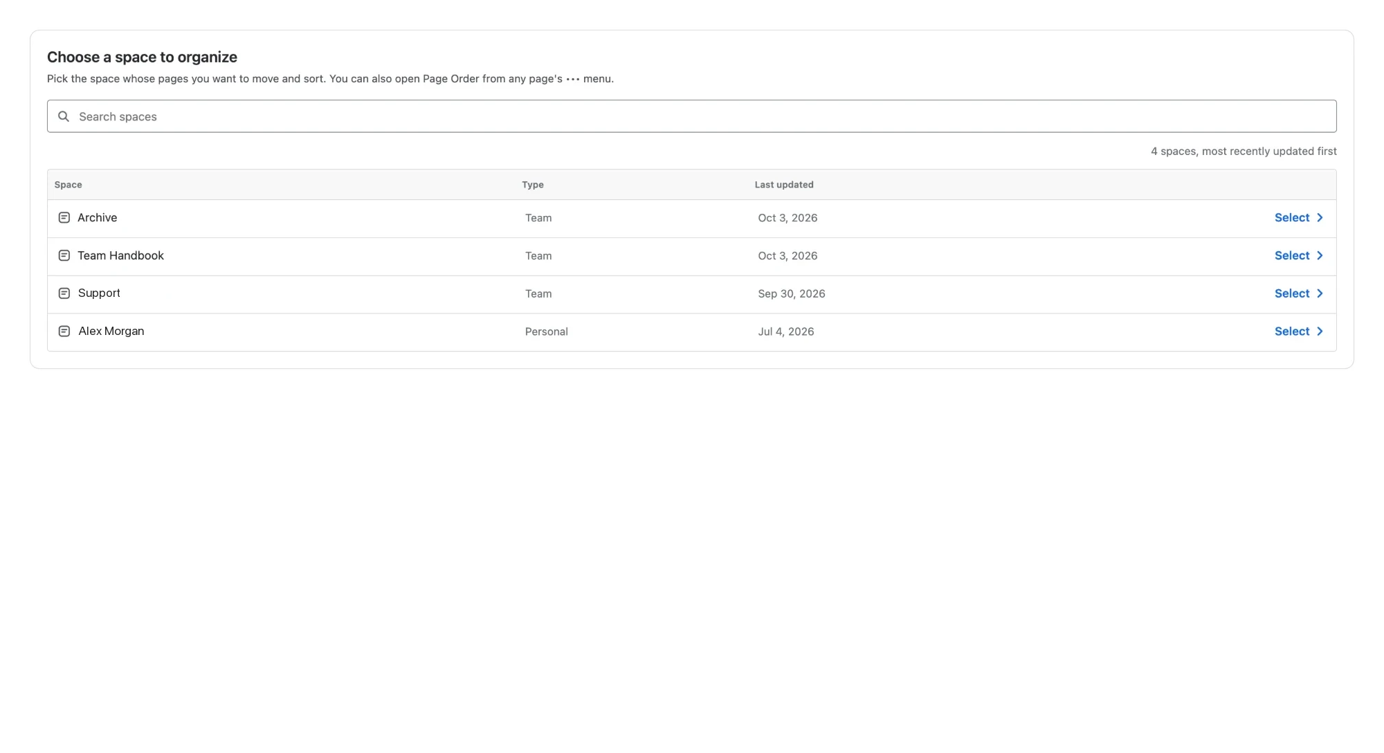 Choose a space to organize, under Apps: a Search spaces box, the line 4 spaces, most recently updated first, and a table of Archive, Team Handbook, Support and Alex Morgan, each with its type, its last update and a Select link.