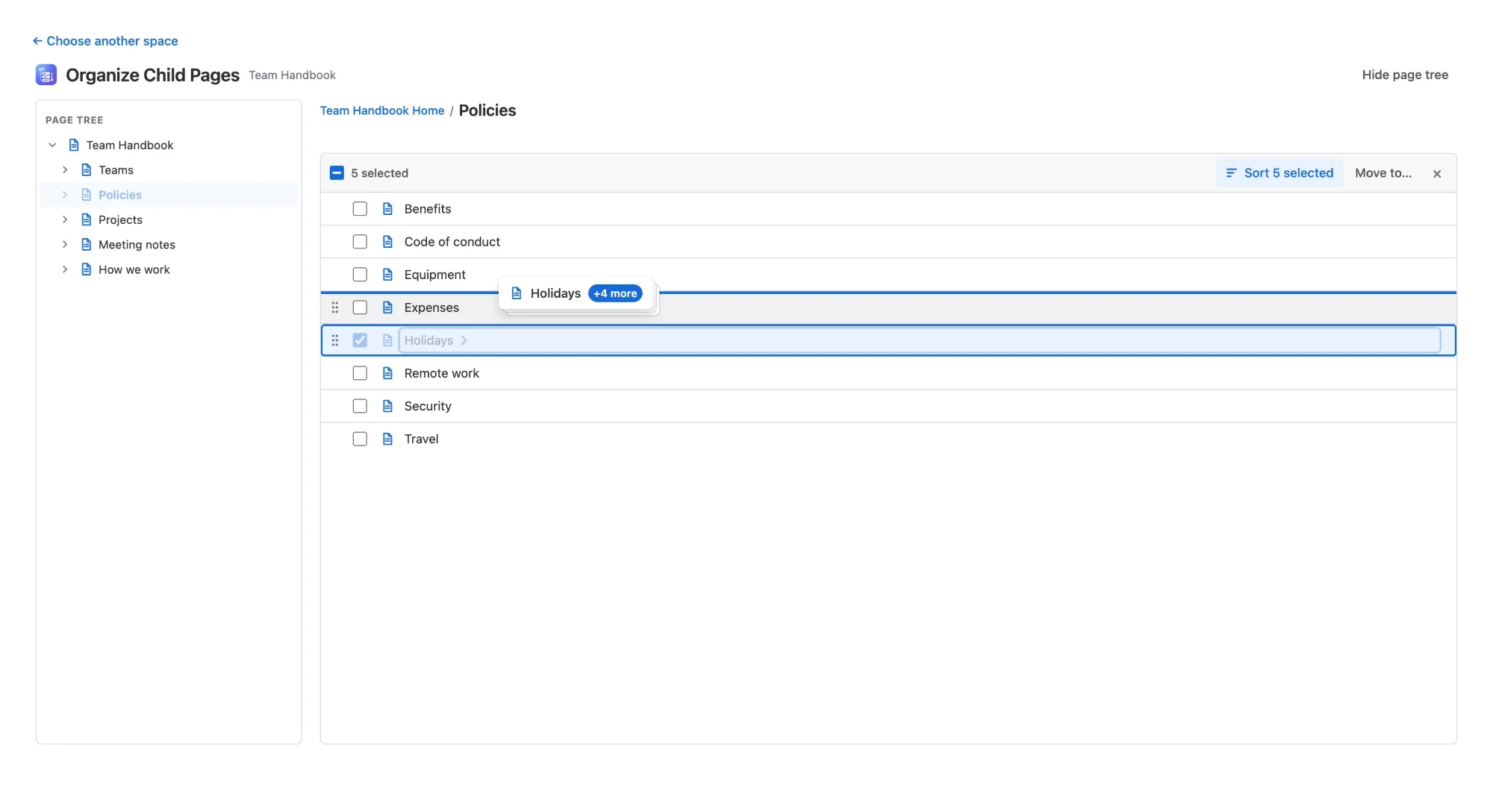 Step 3 — Drag: five selected pages dragged as one, with a line showing where they land