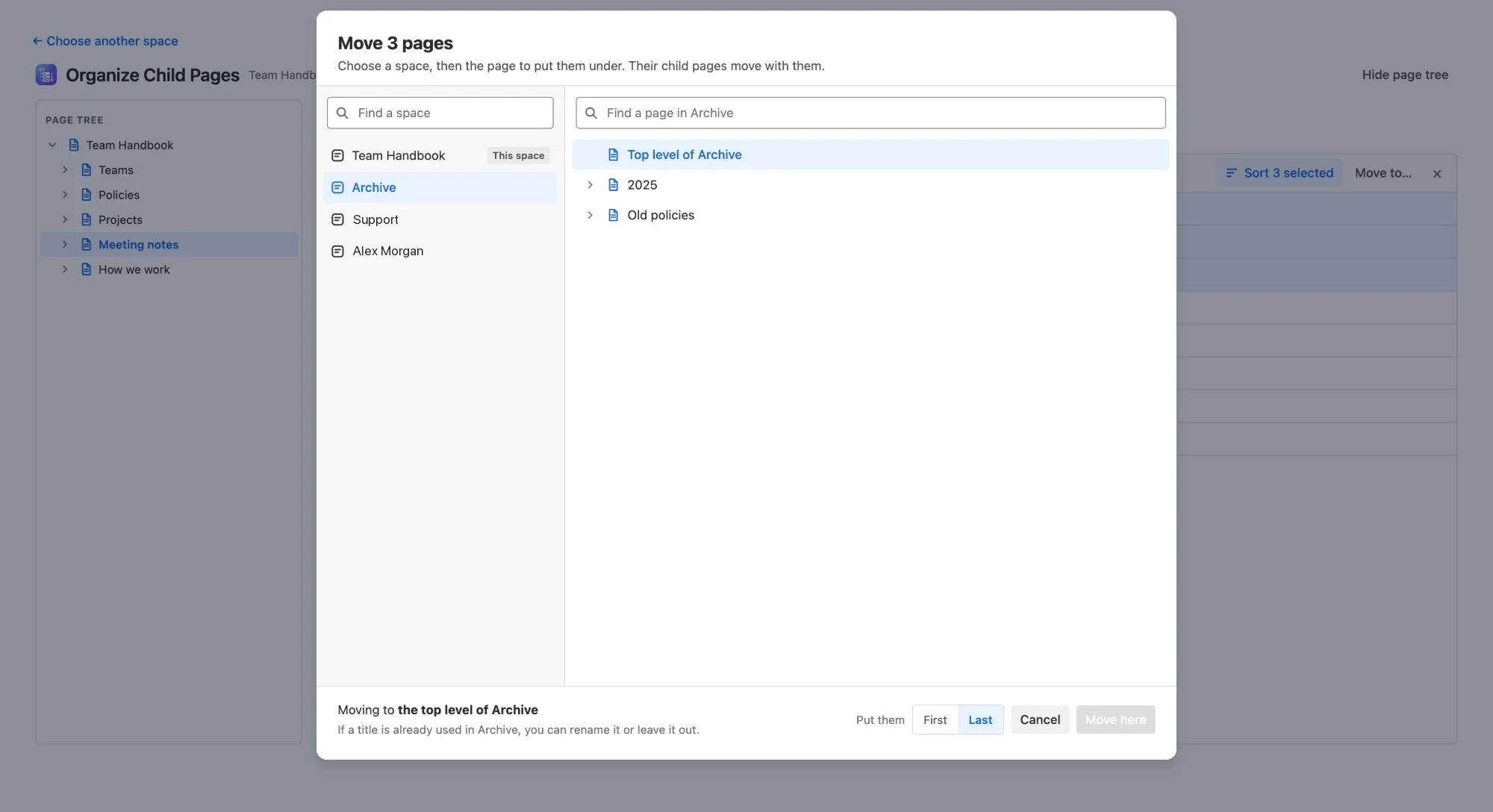 Step 4 — Move to: three pages on their way to the top level of the Archive space