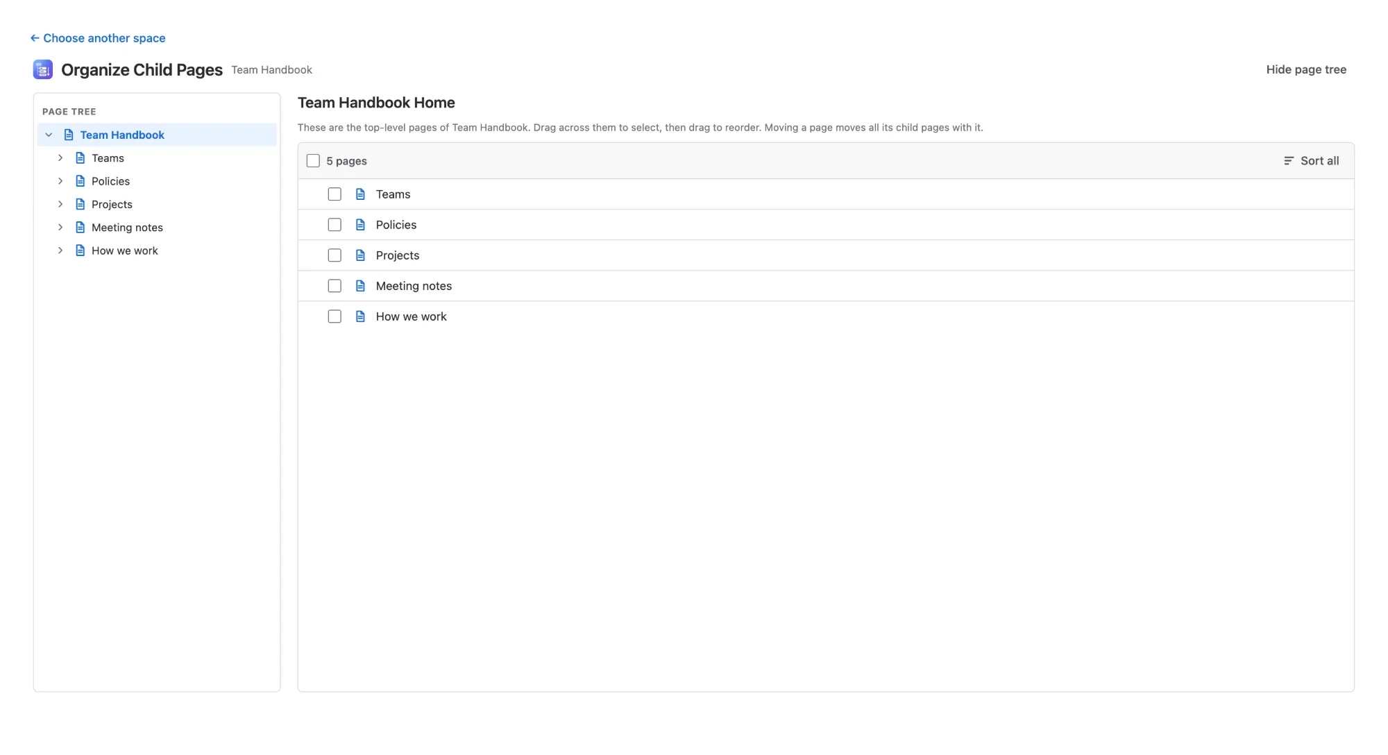 Step 1 — Open: Organize Child Pages on the Team Handbook space, with the page tree on the left
