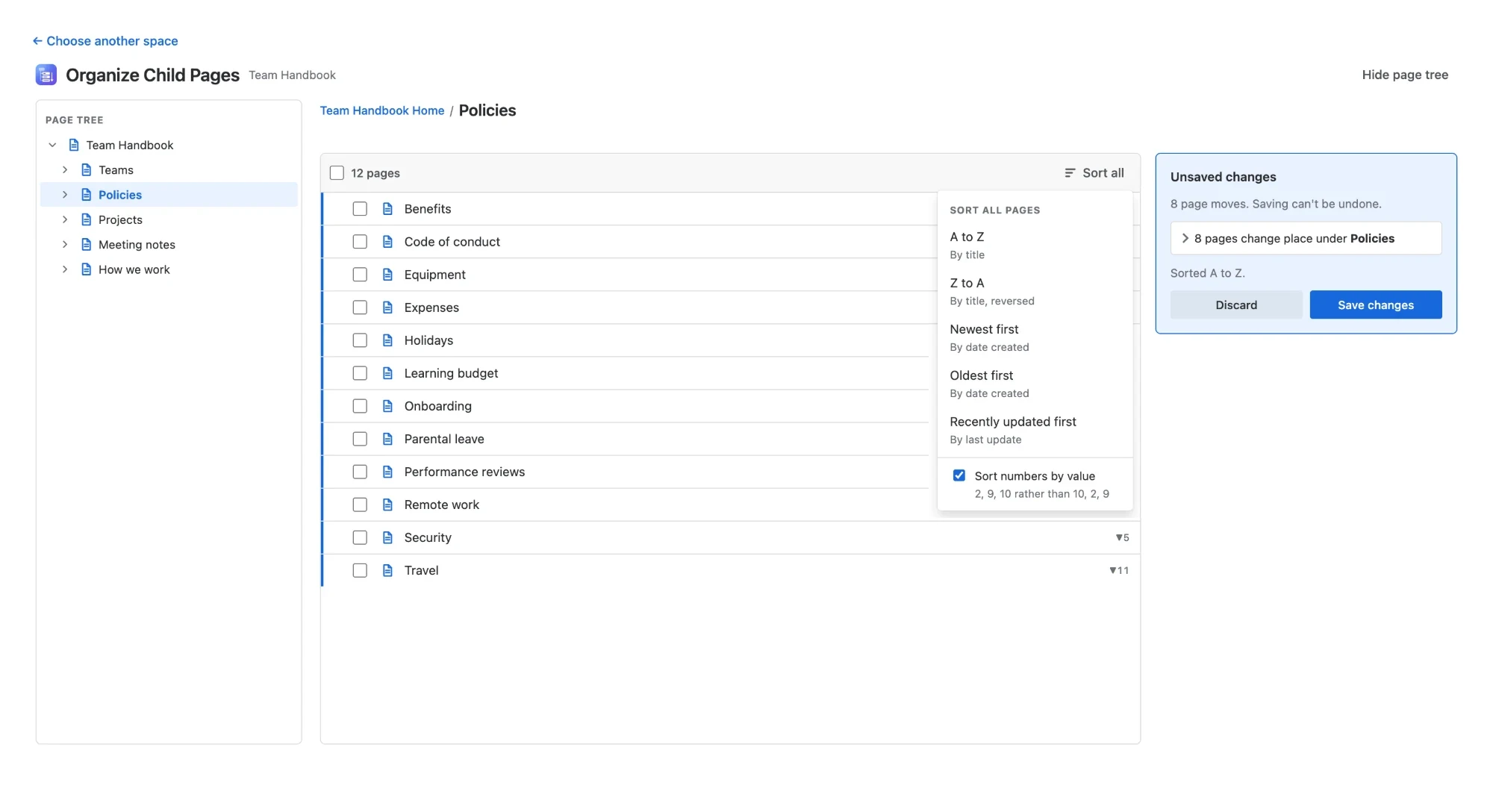 Page Order open on Policies in the Team Handbook space: the page tree on the left, the list of twelve child pages in the middle with the Sort all menu open, and the Unsaved changes panel on the right reading 8 page moves.