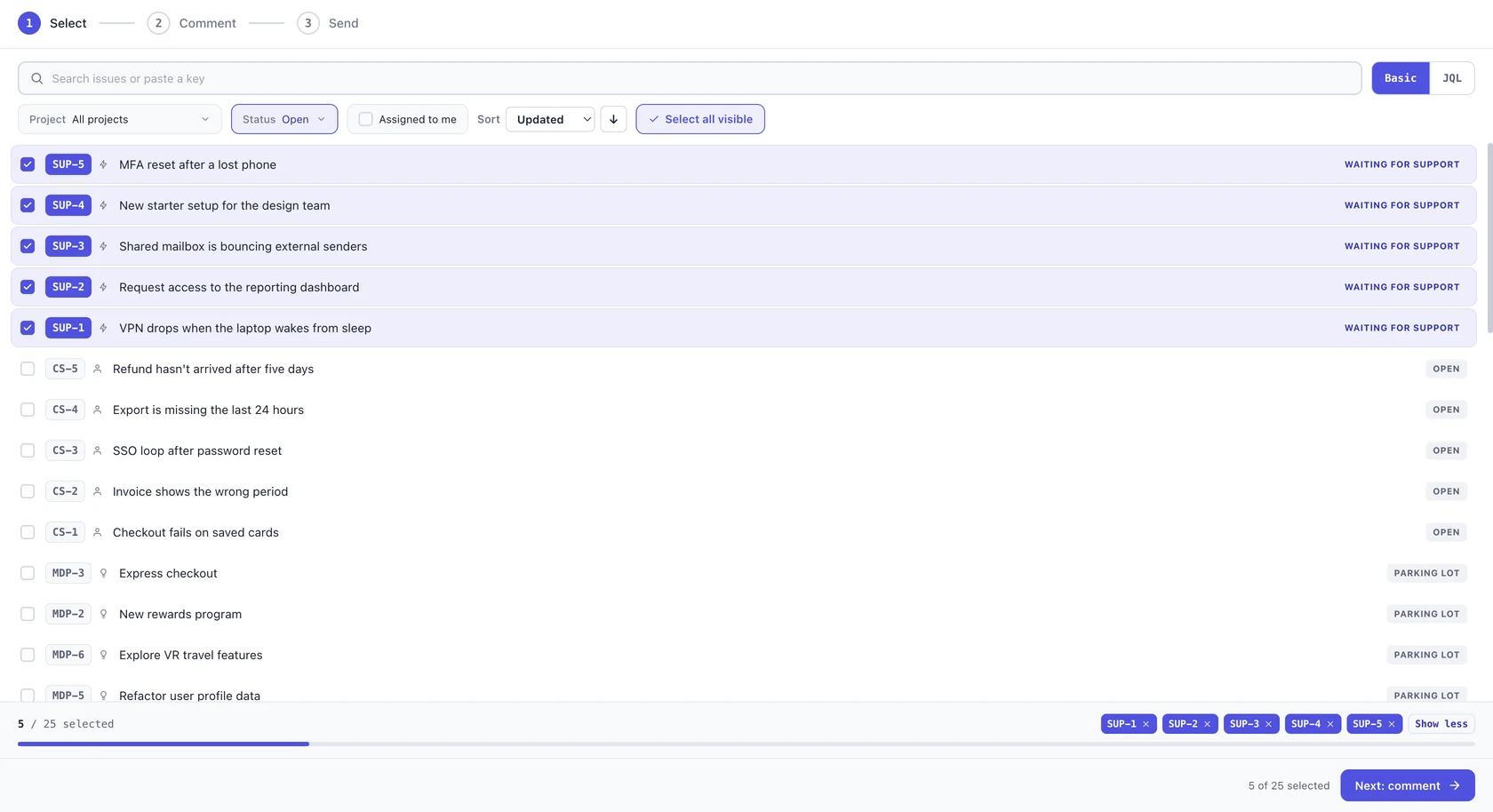 Service requests, Customer Service Management requests and Jira Product Discovery ideas in one list, with five requests selected