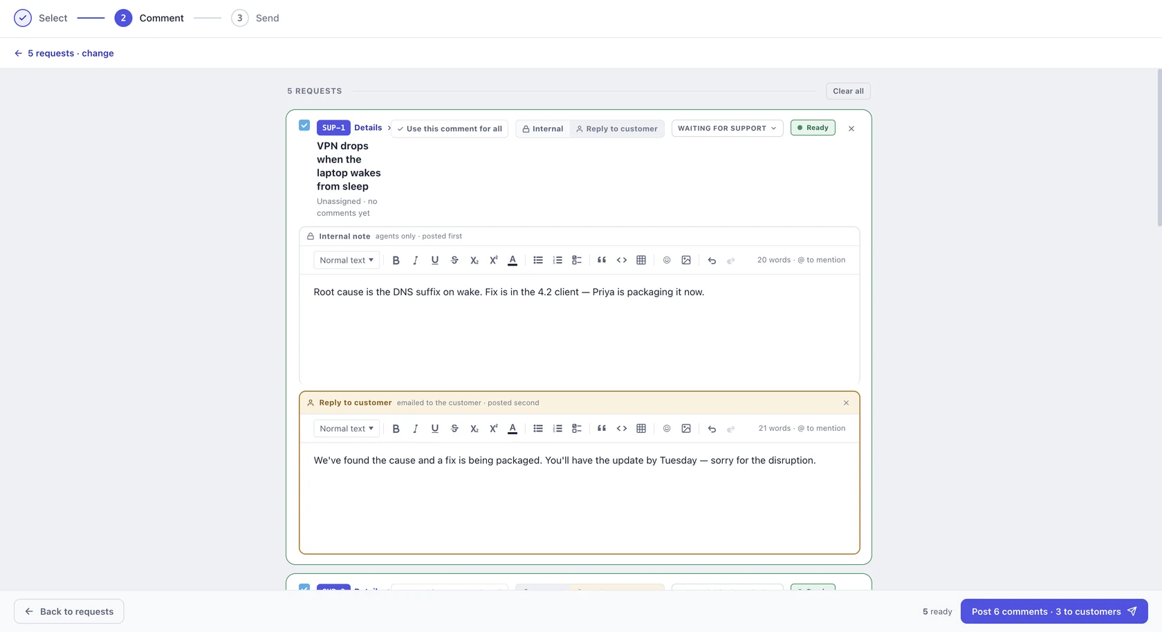 SUP-1 carries both. The send button counts them separately: six comments, three of them to customers