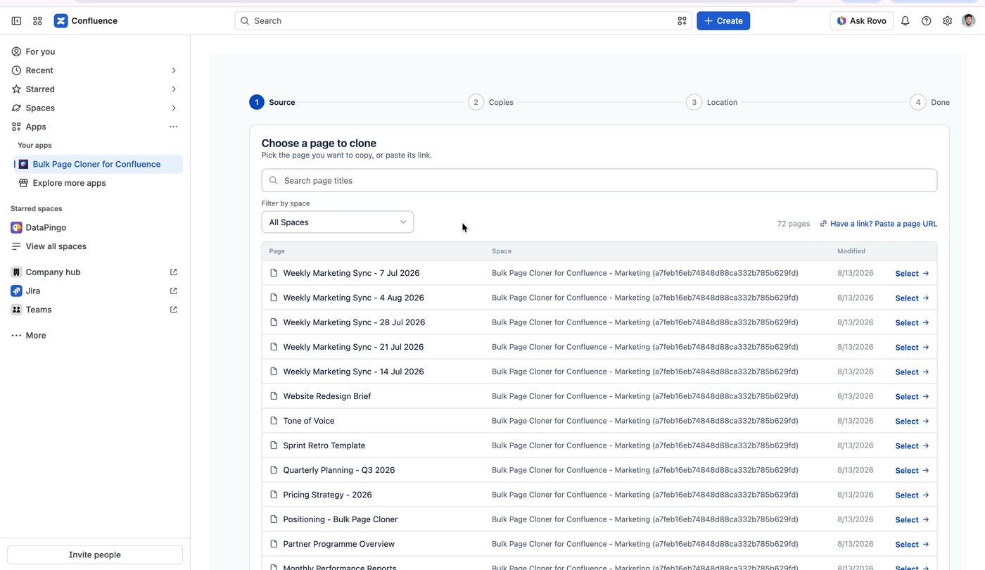Bulk Page Cloner's Source step inside Confluence, showing a searchable list of pages across every accessible space