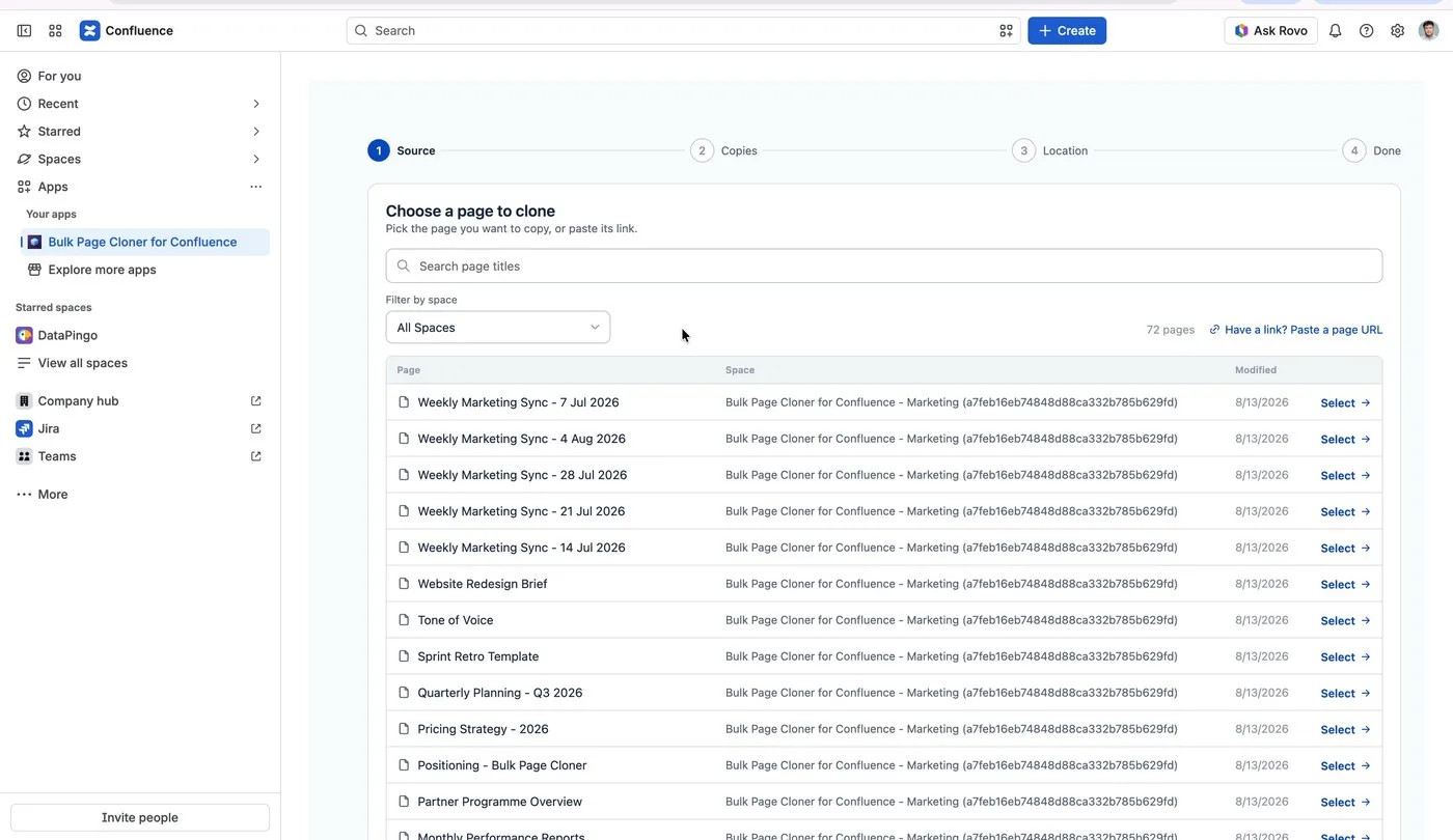 Bulk Page Cloner's Source step inside Confluence, showing a searchable list of pages across every accessible space